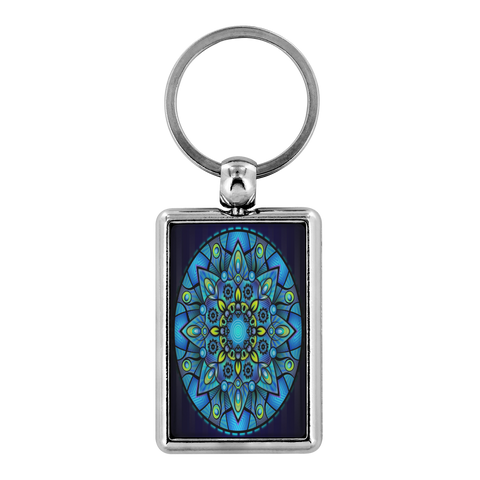 Blue Flower of Life Mandala Keychain - Spiritual Sacred Geometry Keychain - Yoga Keychain